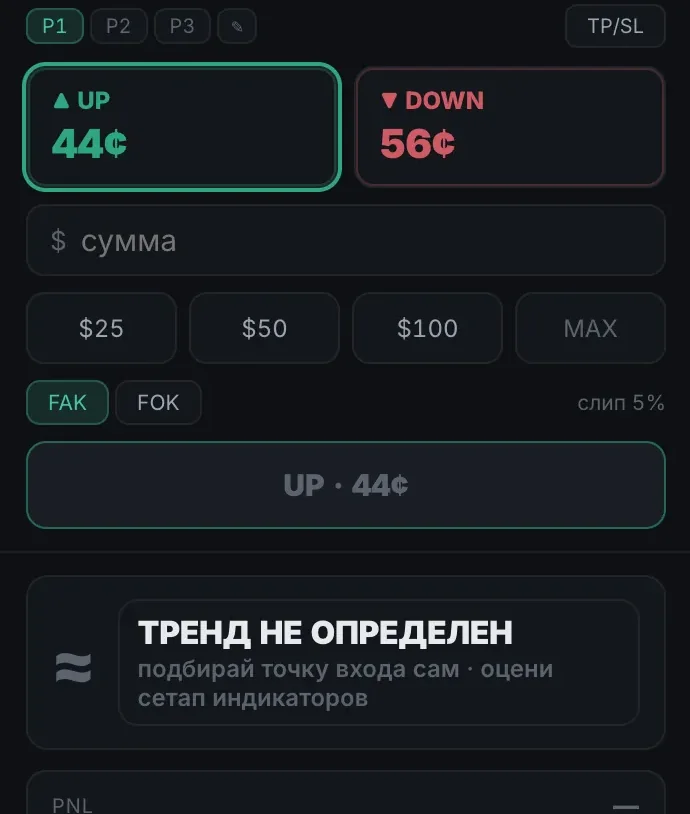 Инстант-панель PolyScalp: UP и DOWN по цене, пресеты сумм, FAK FOK, свои TP SL